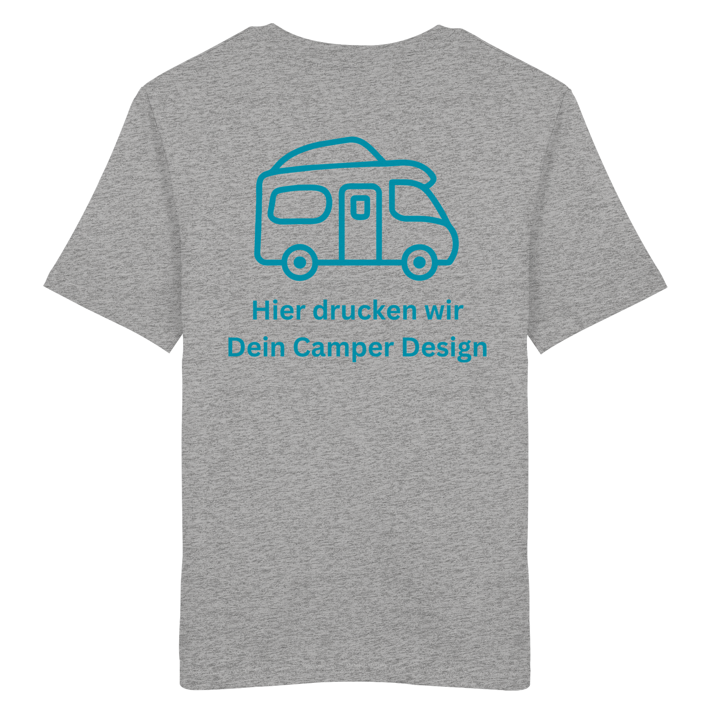 Organic Shirt "Catch My Camper Grey" - Logo vorne, hinten bedruckt mit Deiner Camper Illustration
