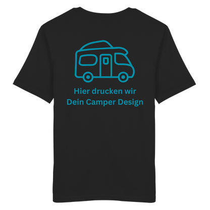 Organic Shirt "Catch My Camper Black" - Logo vorne, hinten bedruckt mit Deiner Camper Illustration