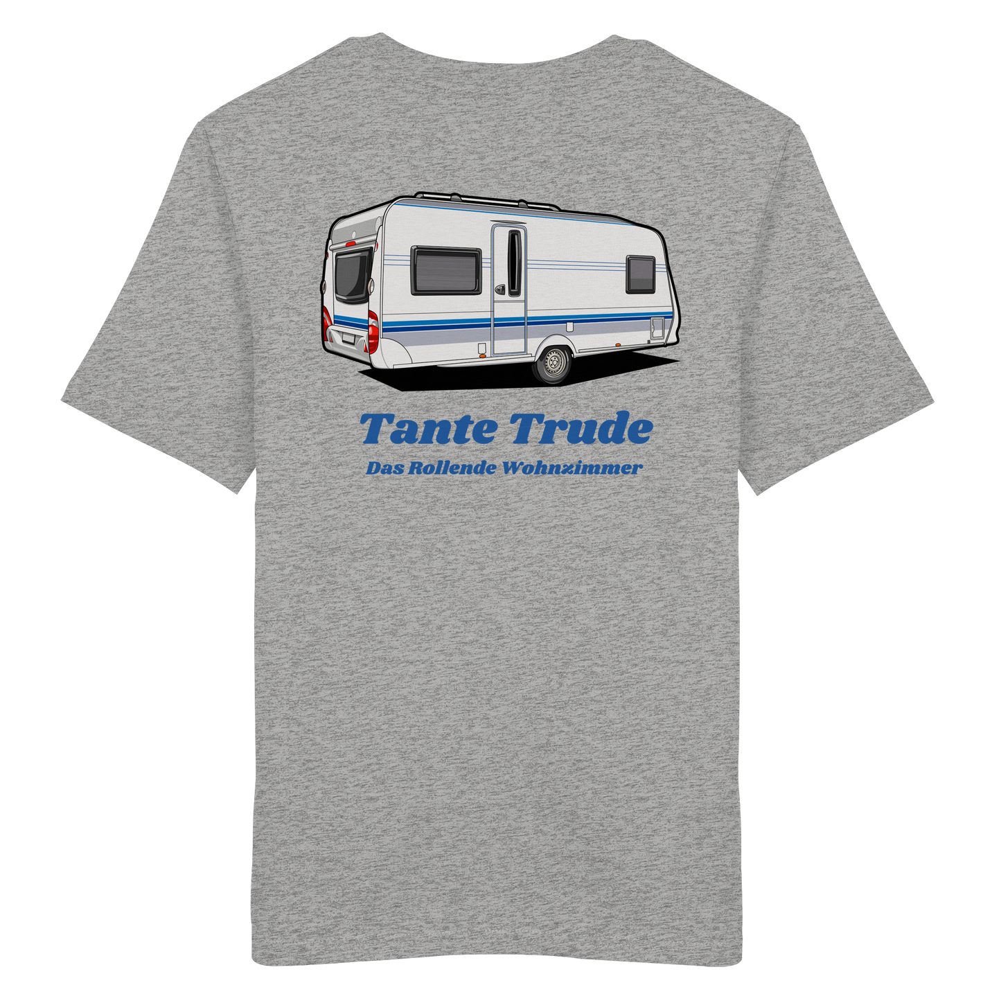 Organic Shirt "Catch My Camper Grey" - Logo vorne, hinten bedruckt mit Deiner Camper Illustration