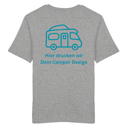 Organic Shirt "Catch My Camper Grey" - Logo vorne, hinten bedruckt mit Deiner Camper Illustration