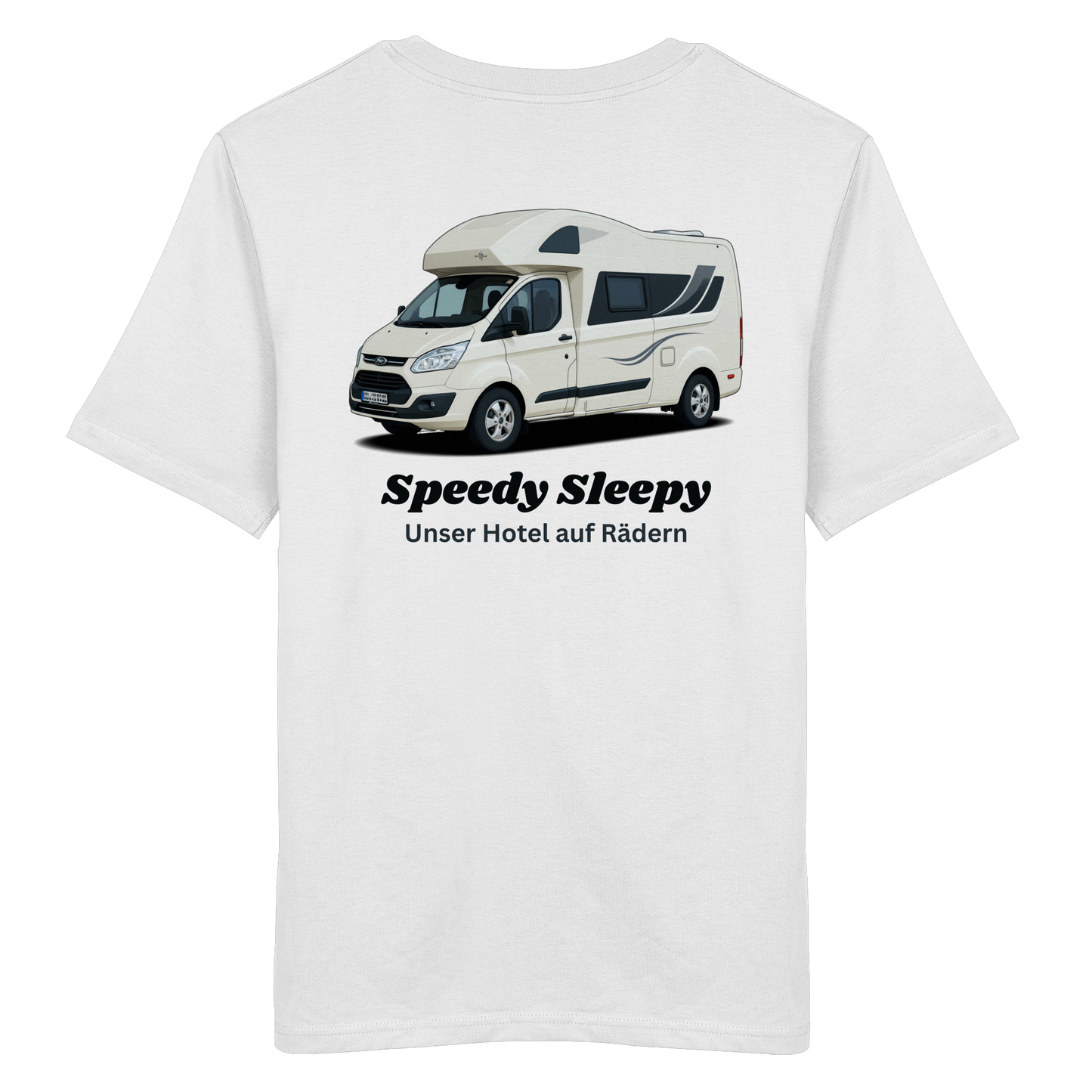 Organic Shirt "Catch My Camper White" - Logo vorne, hinten bedruckt mit Deiner Camper Illustration