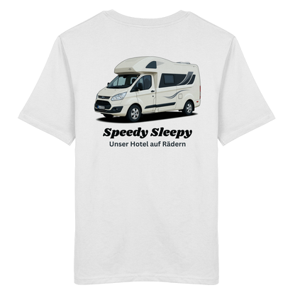 Organic Shirt "Catch My Camper White" - Logo vorne, hinten bedruckt mit Deiner Camper Illustration
