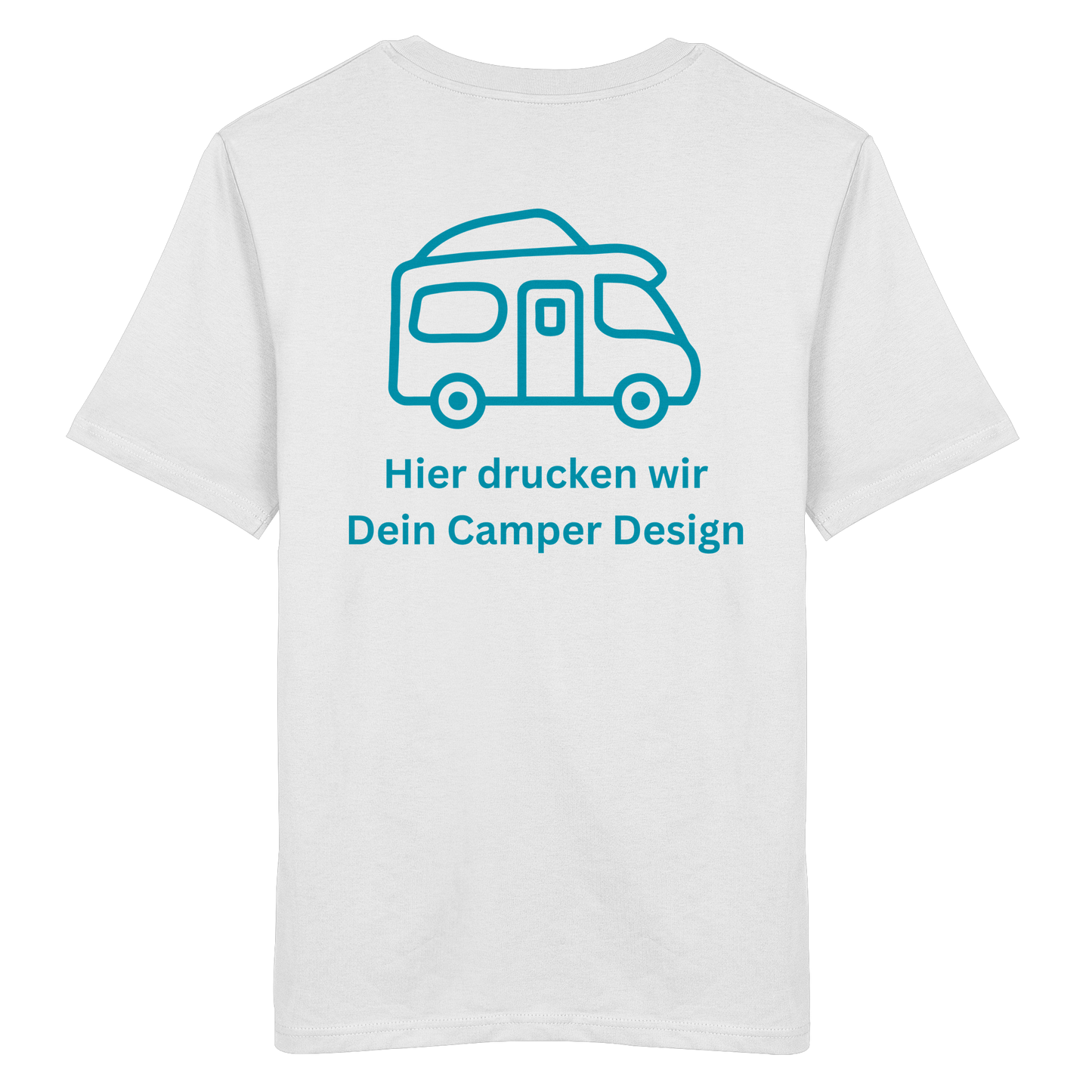 Organic Shirt "Catch My Camper White" - Logo vorne, hinten bedruckt mit Deiner Camper Illustration