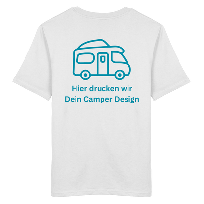 Organic Shirt "Catch My Camper White" - Logo vorne, hinten bedruckt mit Deiner Camper Illustration