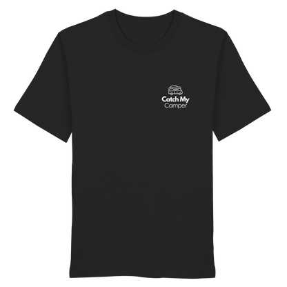 Organic Shirt "Catch My Camper Black" - Logo vorne, hinten bedruckt mit Deiner Camper Illustration