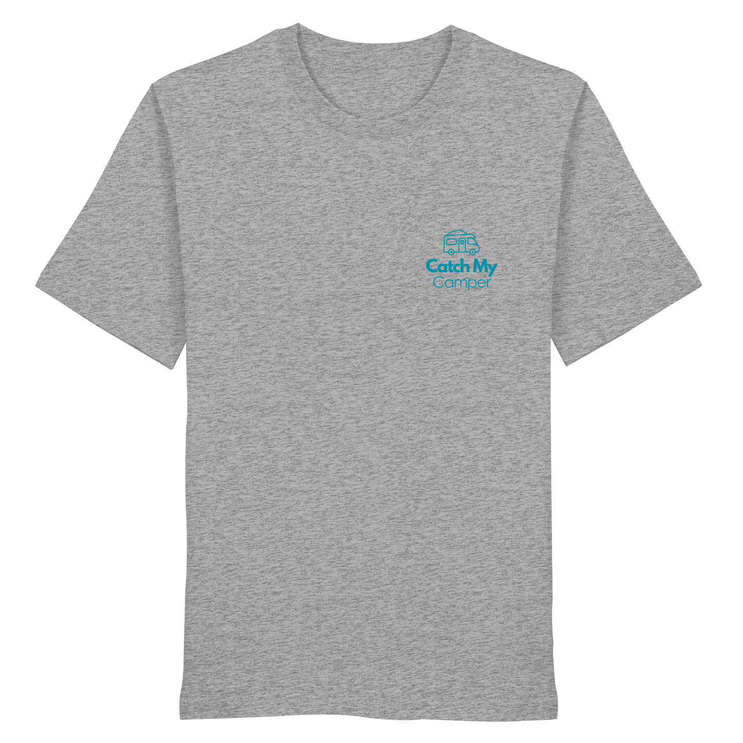 Organic Shirt "Catch My Camper Grey" - Logo vorne, hinten bedruckt mit Deiner Camper Illustration