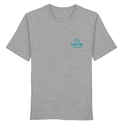 Organic Shirt "Catch My Camper Grey" - Logo vorne, hinten bedruckt mit Deiner Camper Illustration