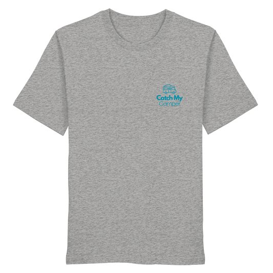 Organic Shirt "Catch My Camper Grey" - Logo vorne, hinten bedruckt mit Deiner Camper Illustration