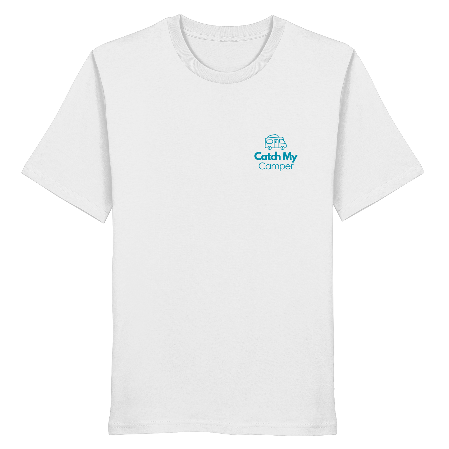 Organic Shirt "Catch My Camper White" - Logo vorne, hinten bedruckt mit Deiner Camper Illustration