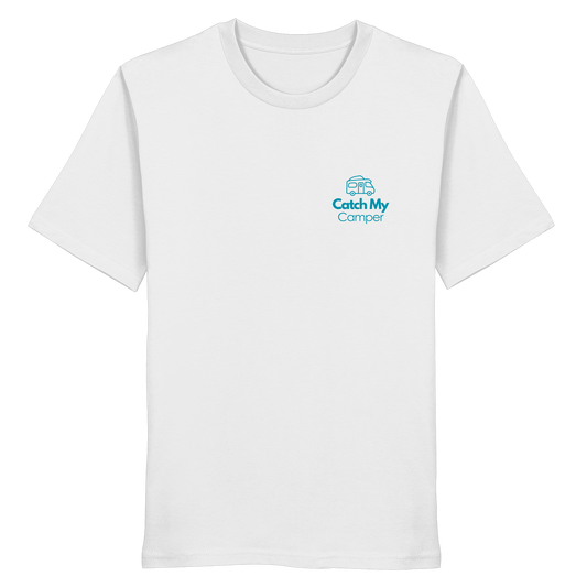 Organic Shirt "Catch My Camper White" - Logo vorne, hinten bedruckt mit Deiner Camper Illustration