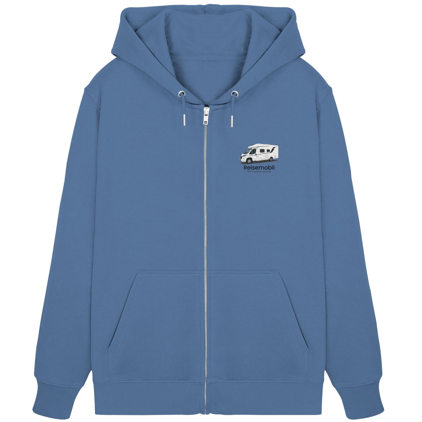 Premium Organic Zipper "Bright Blue" - vorne und hinten bedruckt mit Deiner Camper Illustration