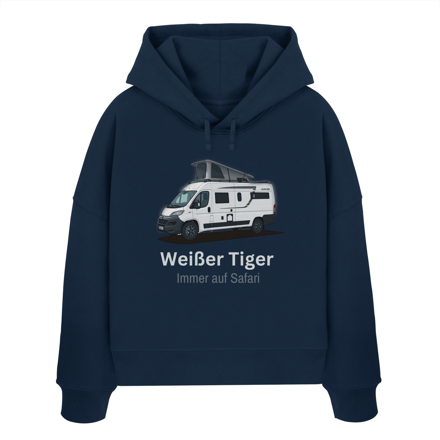 Womens Organic Boxcut Hoodie "French Navy" - bedruckt mit Deiner Camper Illustration