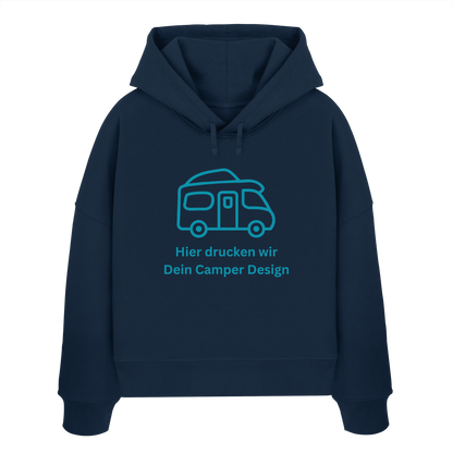 Womens Organic Boxcut Hoodie "French Navy" - bedruckt mit Deiner Camper Illustration