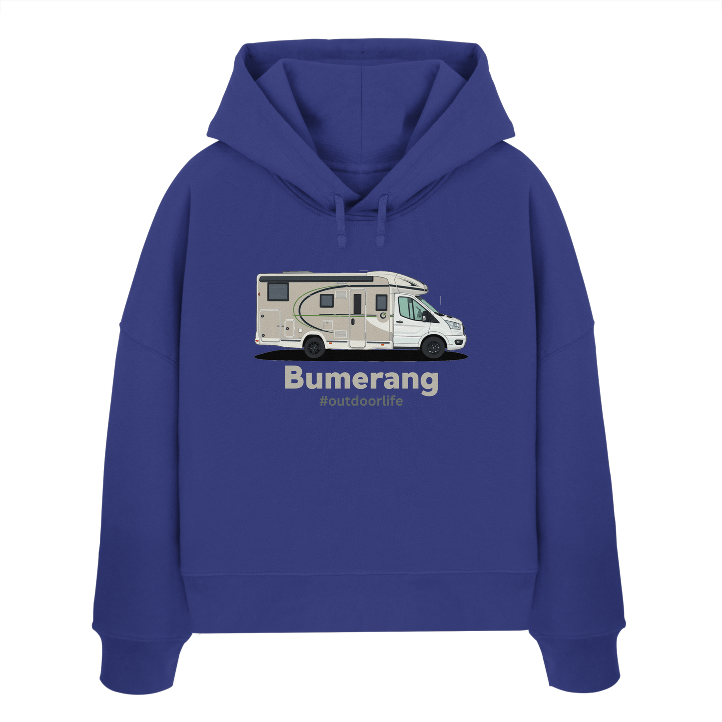 Womens Organic Boxcut Hoodie "Worker Blue" - bedruckt mit Deiner Camper Illustration