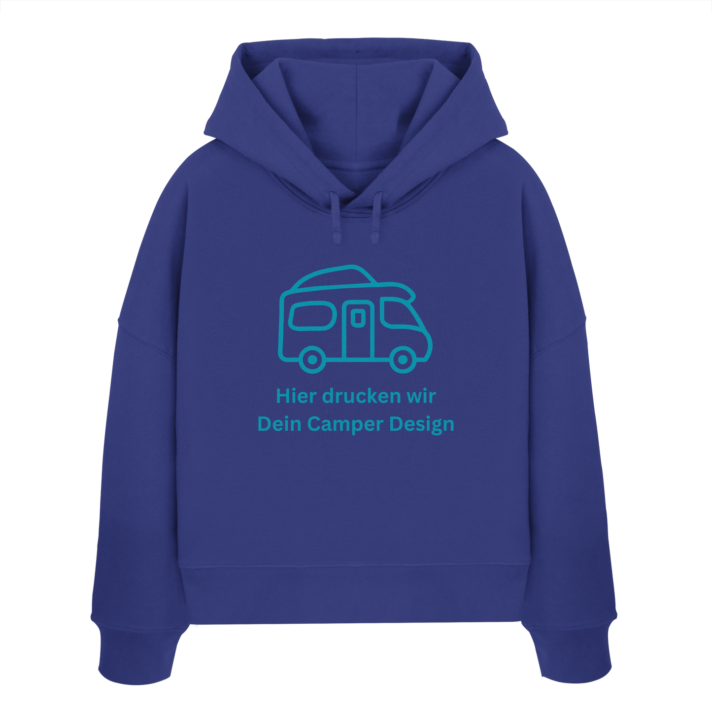 Womens Organic Boxcut Hoodie "Worker Blue" - bedruckt mit Deiner Camper Illustration