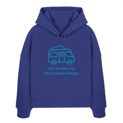 Womens Organic Boxcut Hoodie "Worker Blue" - bedruckt mit Deiner Camper Illustration
