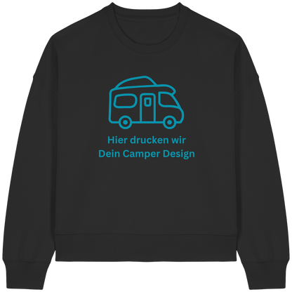 Womens Organic Boxcut Sweatshirt "Black" - bedruckt mit Deiner Camper Illustration