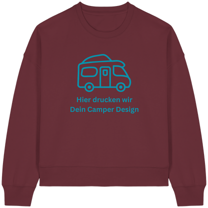 Womens Organic Boxcut Sweatshirt "Burgundy" - bedruckt mit Deiner Camper Illustration