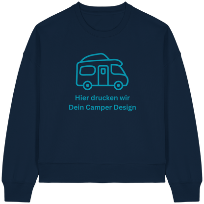 Womens Organic Boxcut Sweatshirt "French Navy" - bedruckt mit Deiner Camper Illustration